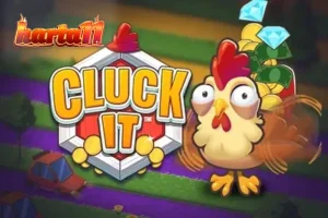 Tampilan visual permainan Cluck It dengan karakter ayam di latar pedesaan.